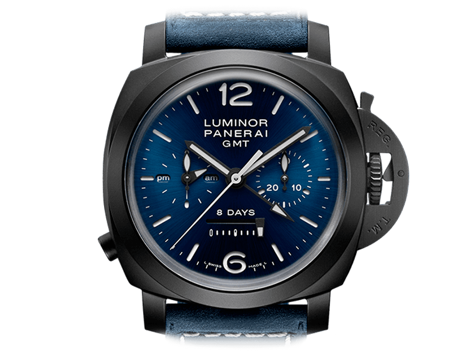 Buy original Panerai Luminor Chrono Monopulsante 8 Giorni GMT Blu Notte PAM01135 with Bitcoin!